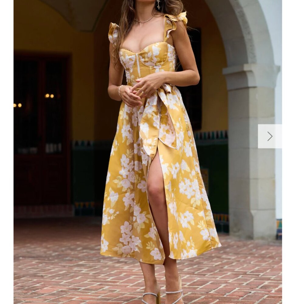 V. Chapman Yellow and White Floral Tie-Front Midi Dress